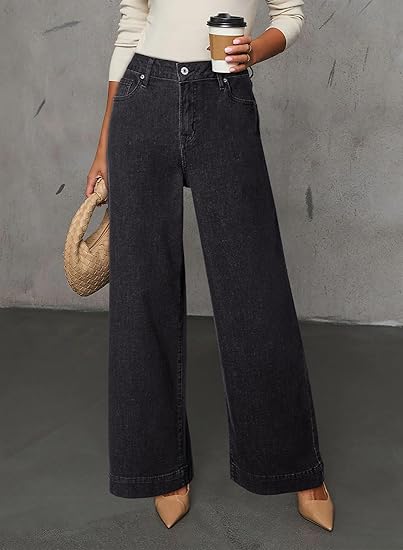 DOKOTOO Women’s Casual High Waisted Jeans Stretch Button Wide Leg Loose Denim Pants with Pockets